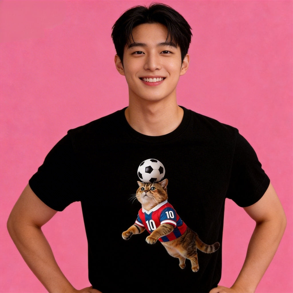 Male model in Sunny Brand soccer star cat t-shirt, energetic casual street wear