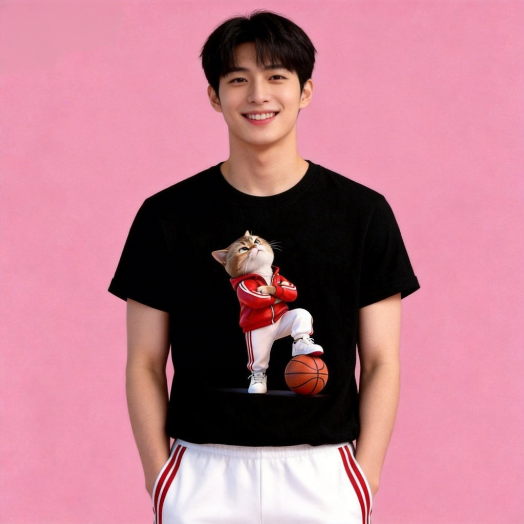 Men model in Sunny Brand streetball cat t-shirt, trendy casual wear with red tracksuit cat design
