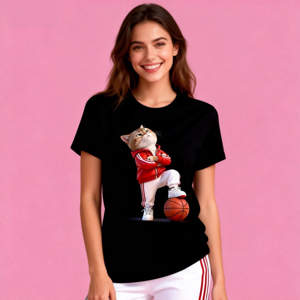 Man wearing Sunny Brand basketball cat t-shirt, unisex heavy cotton tee with cool streetball cat graphic
