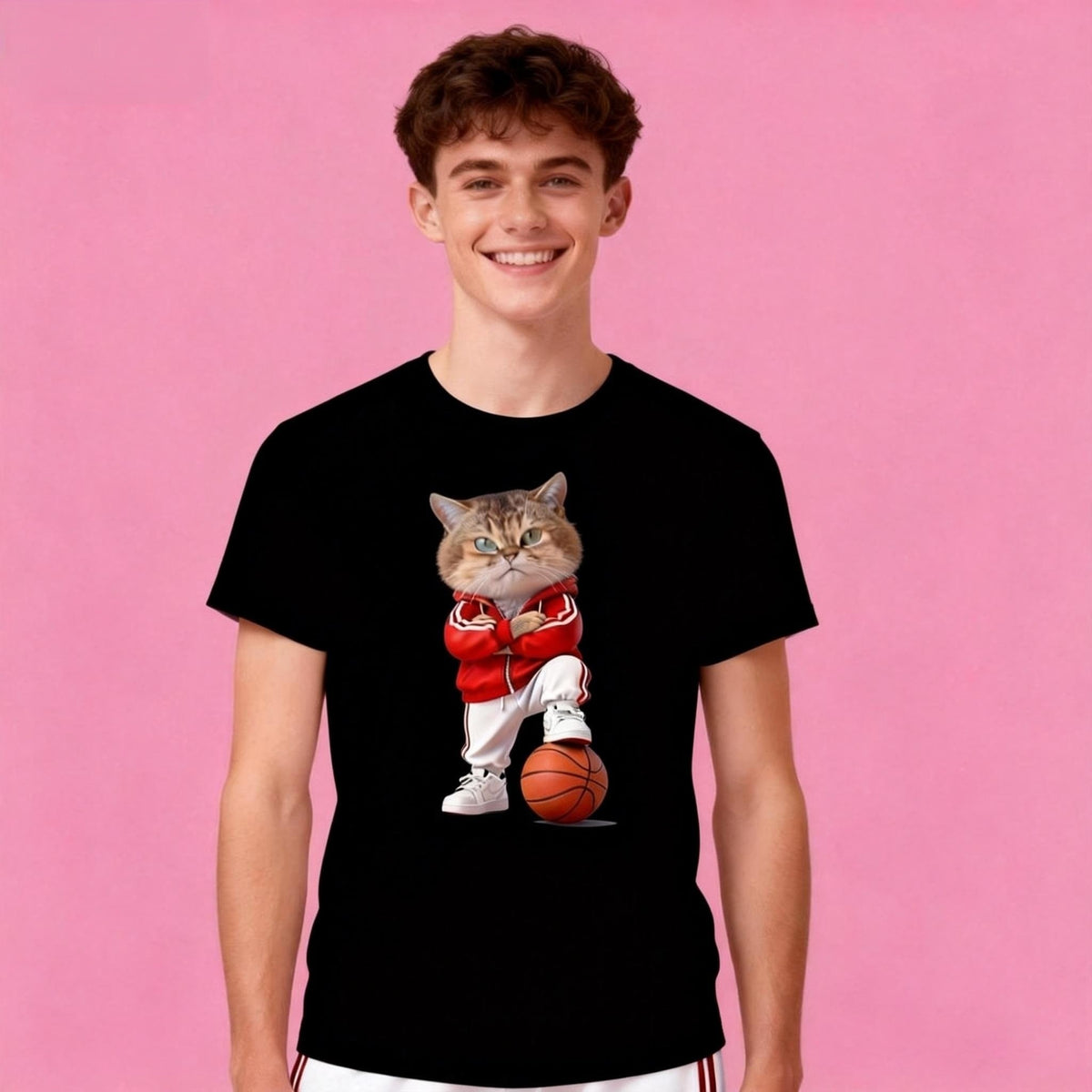 Male model in Sunny Brand sporty cat t-shirt, trendy streetwear with basketball cat design