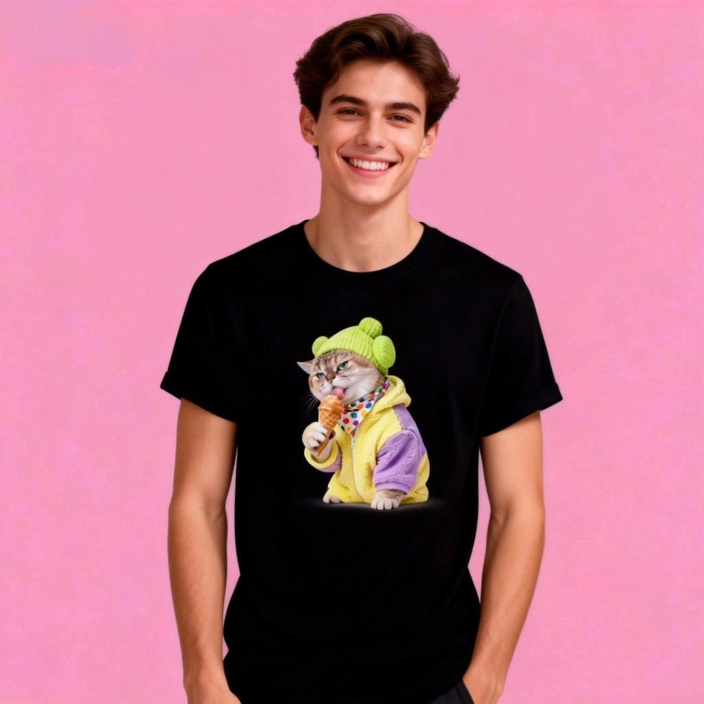 Male model in Sunny Brand streetwear cat t-shirt, trendy summer outfit with colorful ice cream cat design