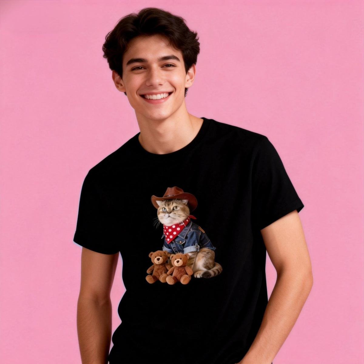 Male model in Sunny Brand Western teddy cat t-shirt, playful cowboy cat design for casual wear