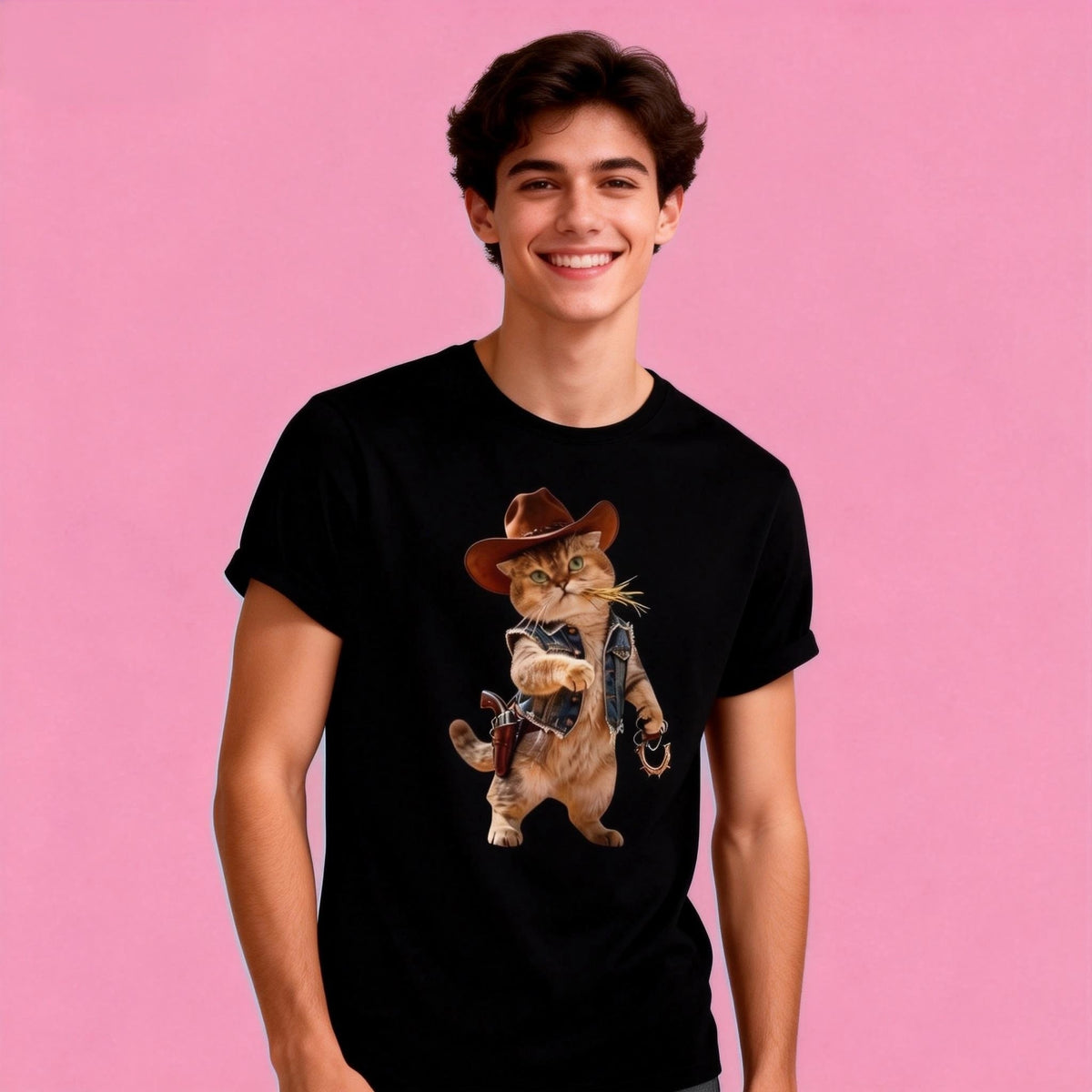 Male model in Sunny Brand Wild West cat t-shirt, fun cowboy cat design for casual wear