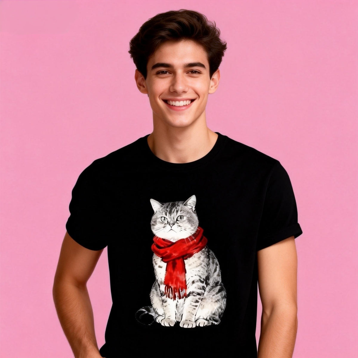 Male model in Sunny Brand winter cat t-shirt, trendy casual wear with red scarf cat design