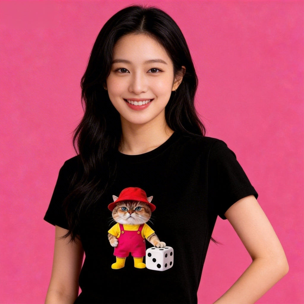 model in Sunny Brand worker cat tee, casual cute dice cat print