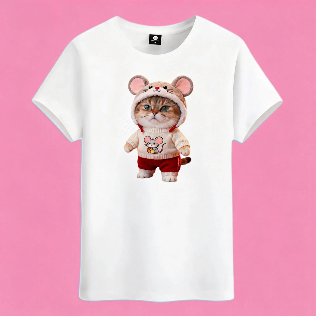 Sunny Brand mouse costume cat t-shirt, front view of cat in mouse hood and knit sweater print