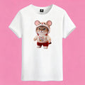 Sunny Brand mouse costume cat t-shirt, front view of cat in mouse hood and knit sweater print