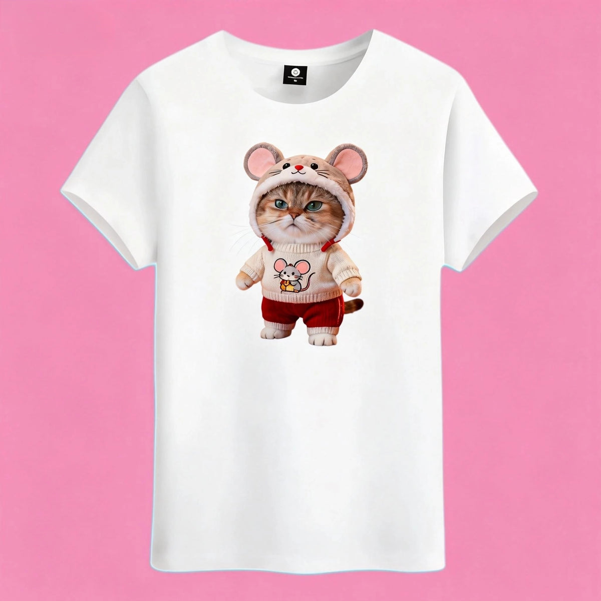 Sunny Brand mouse costume cat t-shirt, front view of cat in mouse hood and knit sweater print