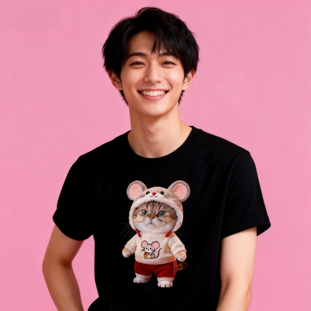 Man wearing Sunny Brand mouse costume cat t-shirt, unisex cotton tee with cute cat graphic