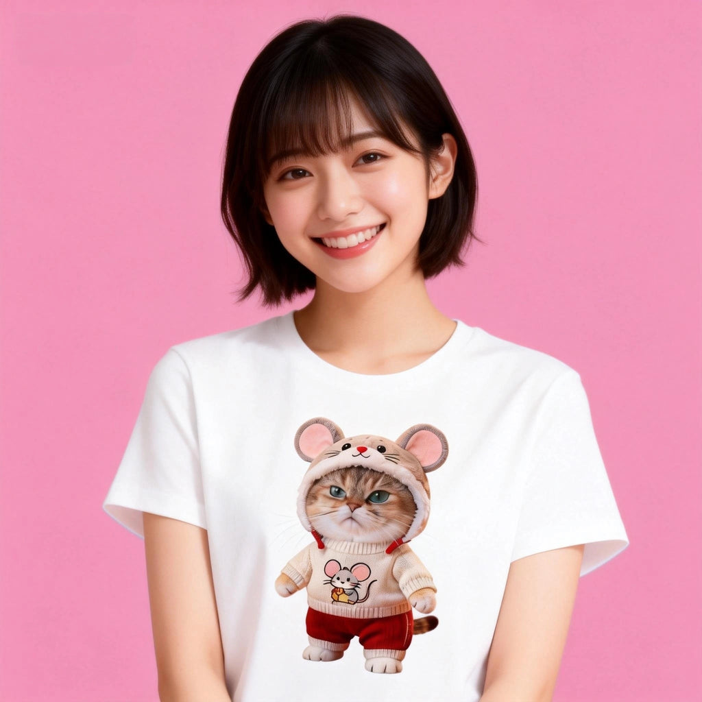 Woman wearing Sunny Brand mouse costume cat t-shirt, cozy cute cat graphic casual wear
