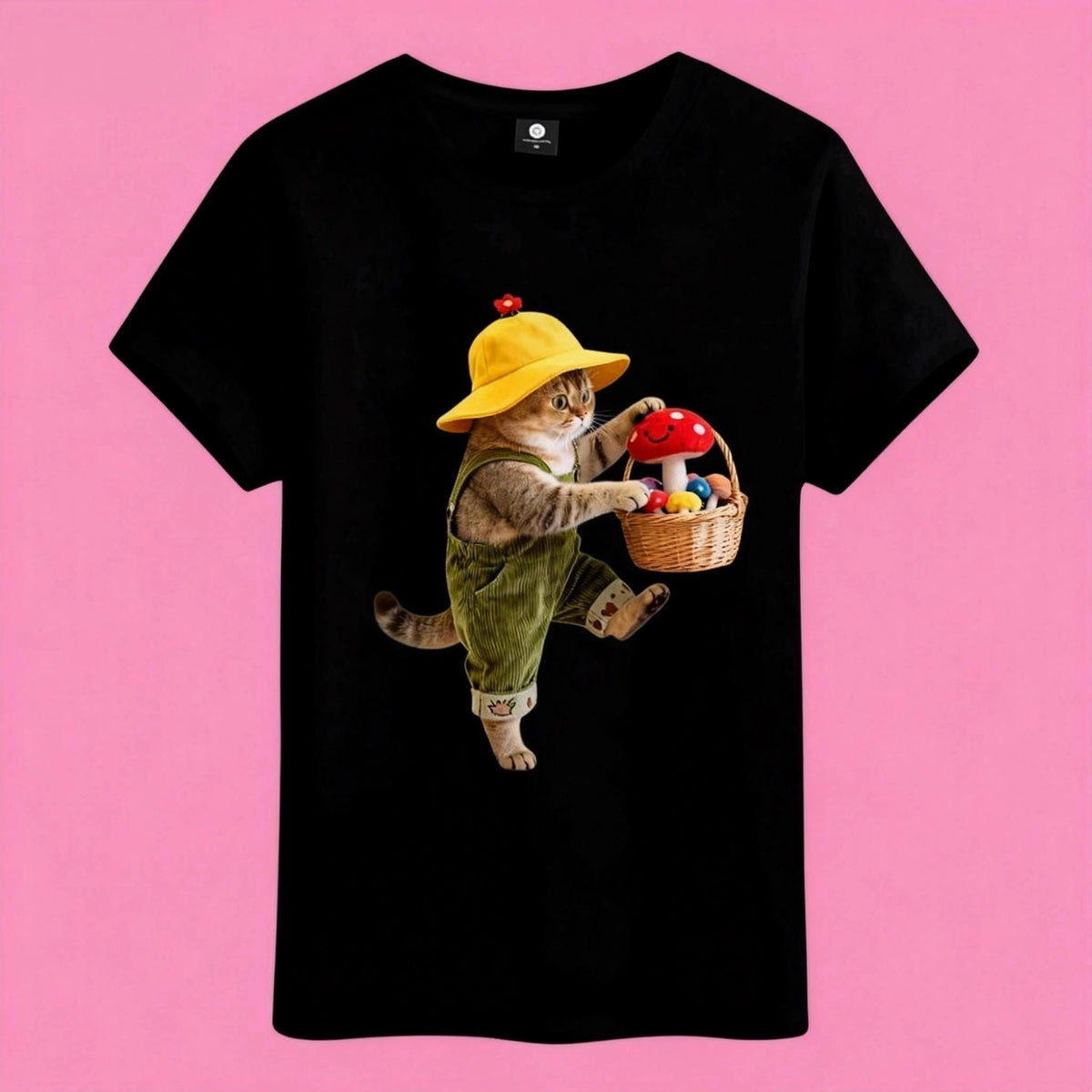 Sunny Brand t-shirt detail, close-up of playful garden cat with mushroom basket graphic