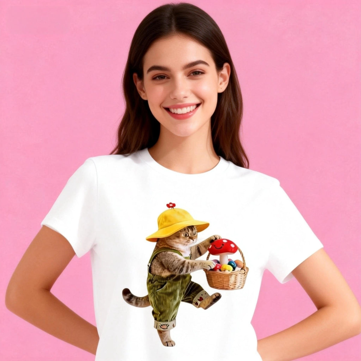 Sunny Brand t-shirt detail, close-up of playful garden cat with mushroom basket graphic