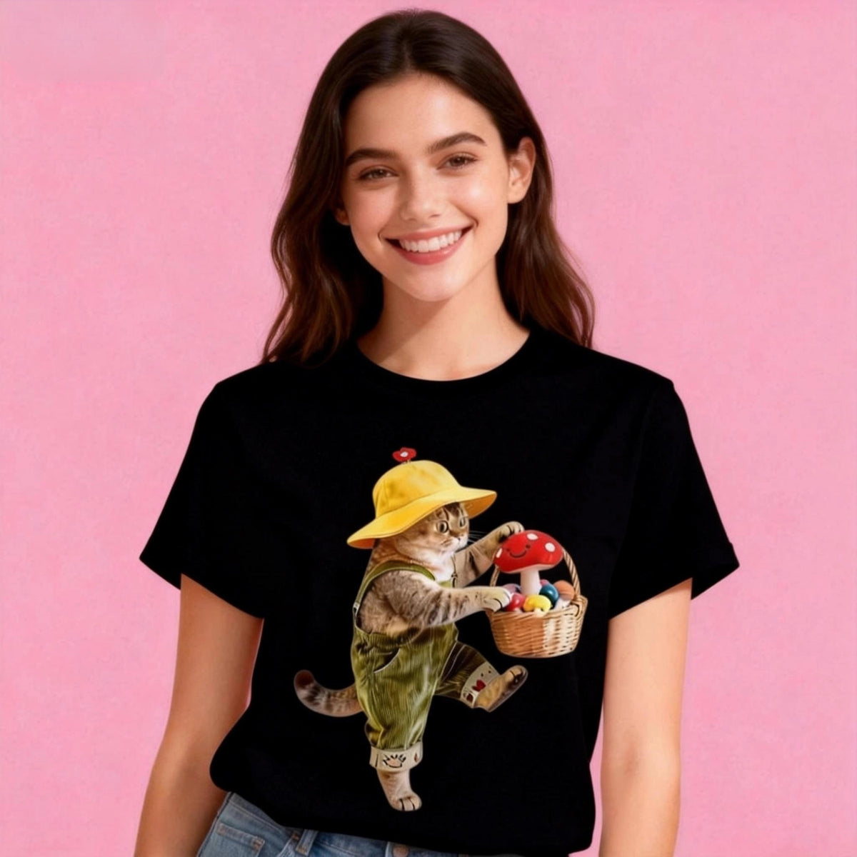 Lady wearing Sunny Brand mushroom picking cat t-shirt, unisex premium cotton playful tee