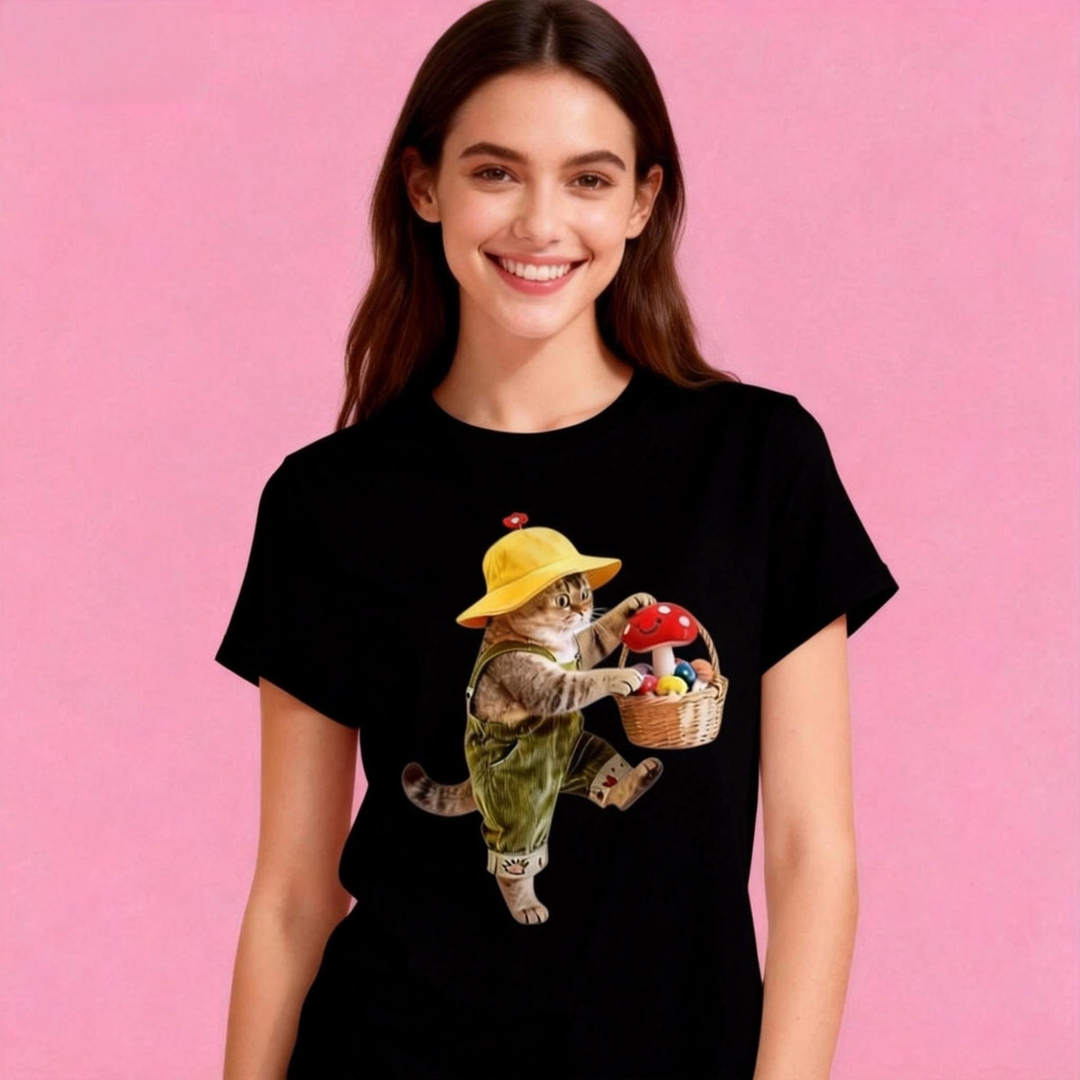 lady model in Sunny Brand cute mushroom cat t-shirt, fun casual street wear