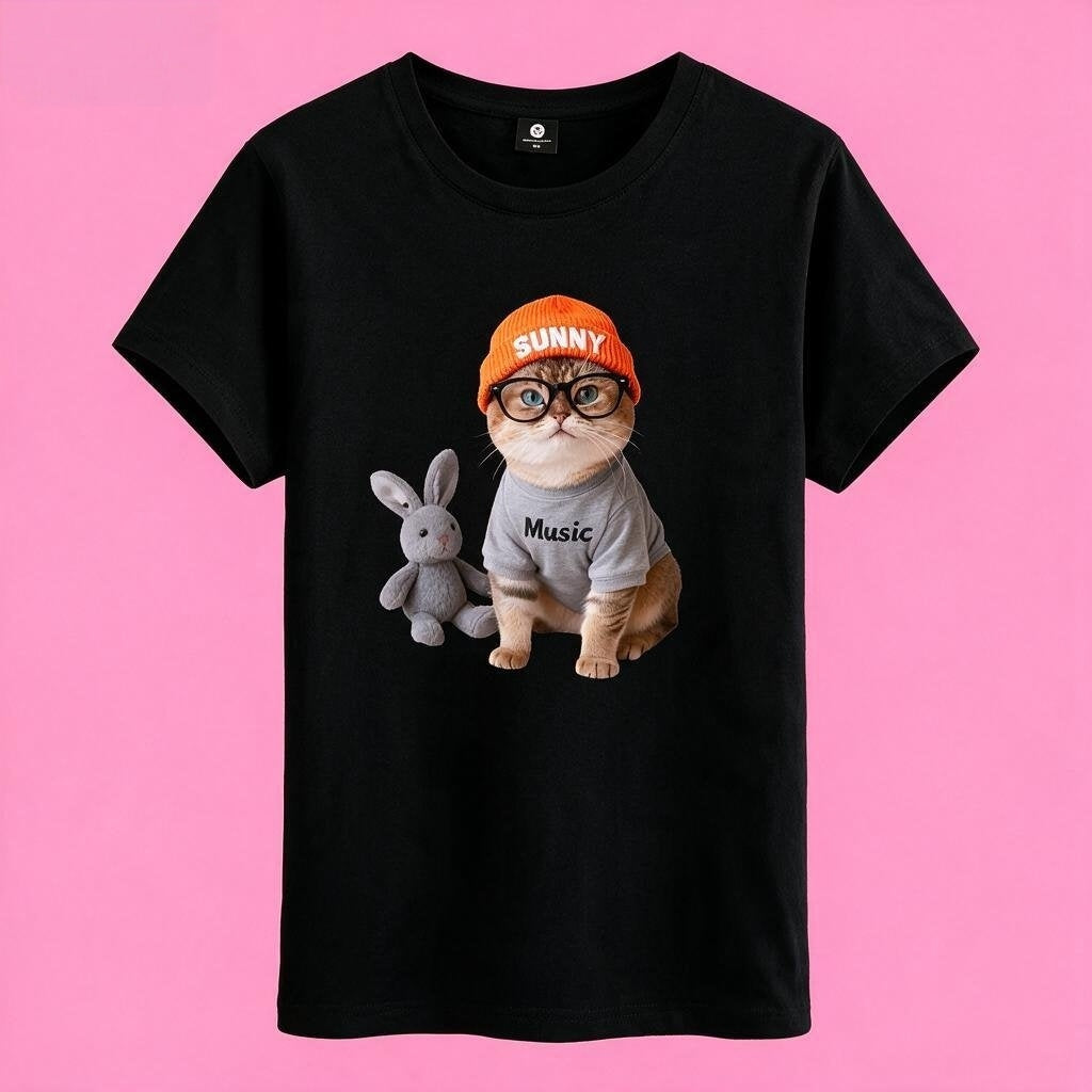 Sunny Brand t-shirt detail, close-up of trendy music cat graphic with grey bunny plush doll