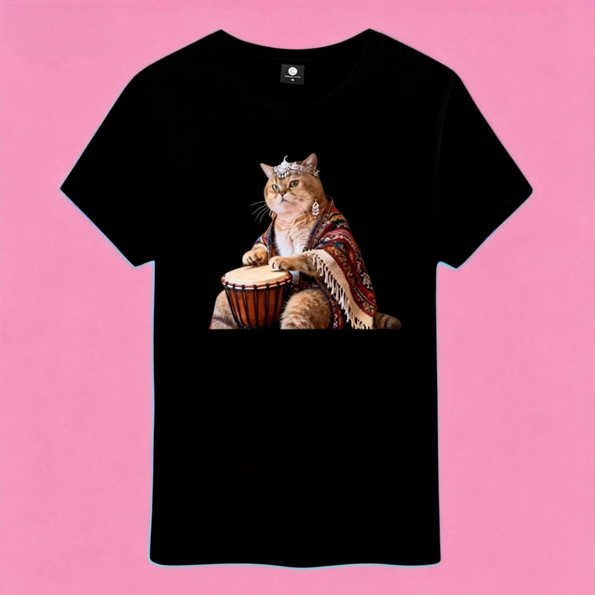 Sunny Brand t-shirt detail, print of fun drum cat graphic