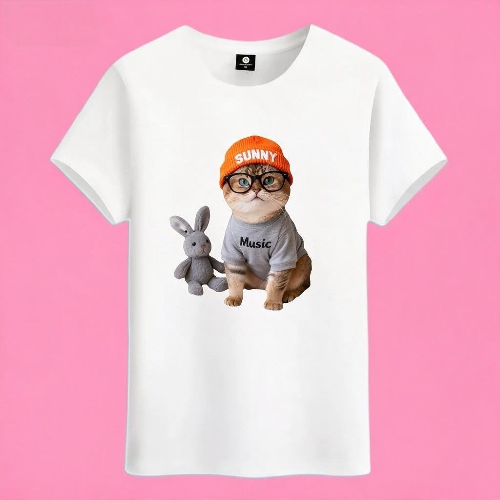 Sunny Brand music cat t-shirt, front view of glasses cat in SUNNY beanie with bunny doll printed on cotton tee