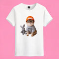 Sunny Brand music cat t-shirt, front view of glasses cat in SUNNY beanie with bunny doll printed on cotton tee