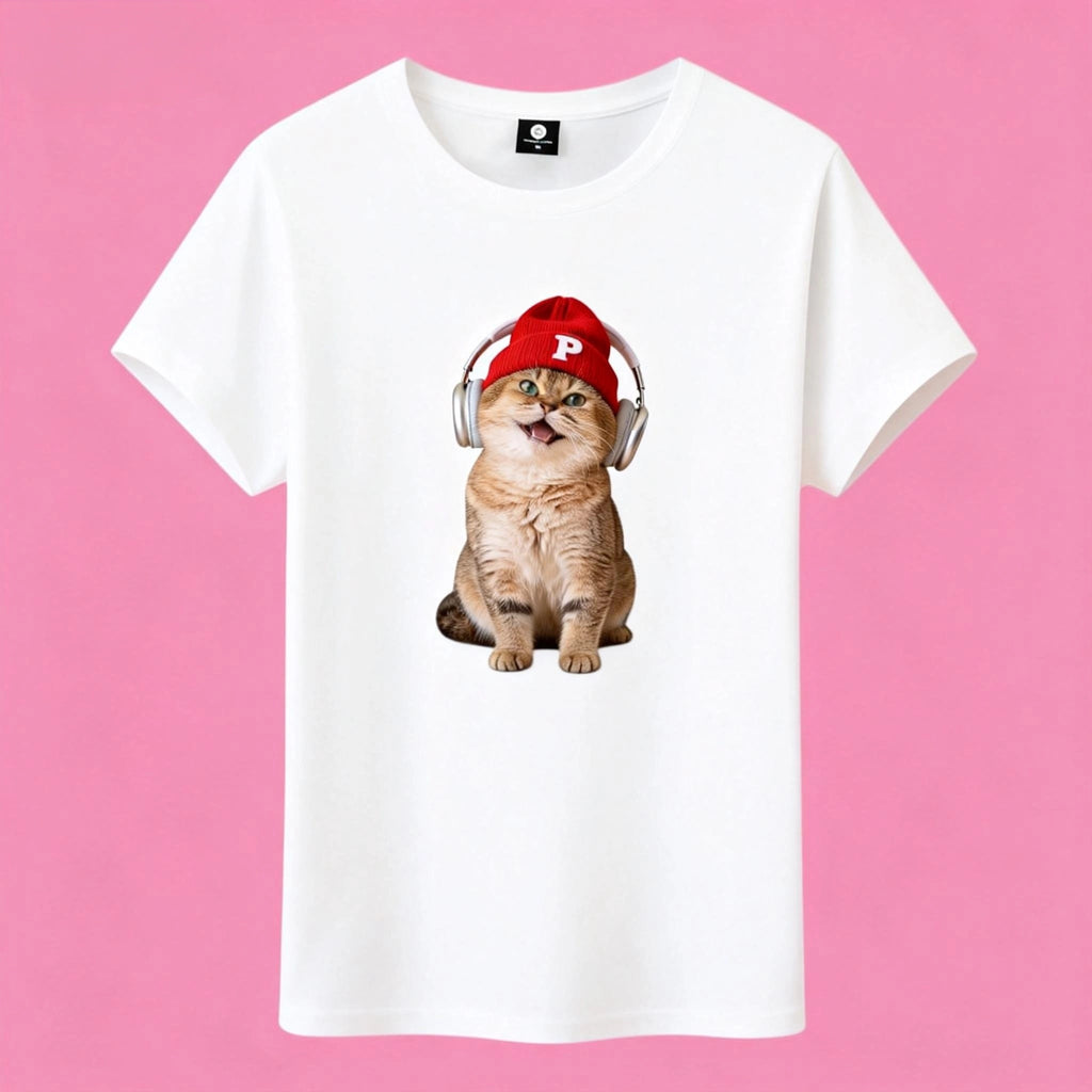 Sunny Brand music cat t-shirt, front view of orange cat with headphones and red beanie print