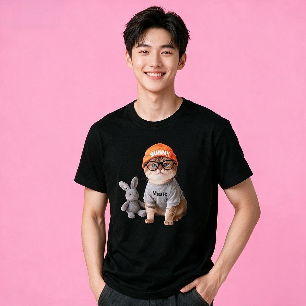 Man wearing Sunny Brand music cat t-shirt, unisex premium cotton trendy tee