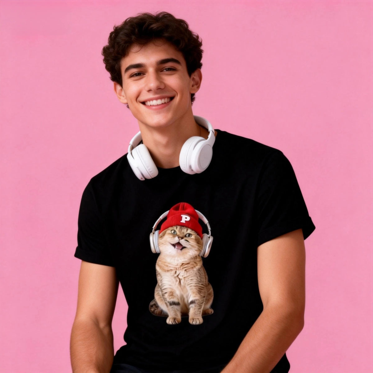 Man wearing Sunny Brand music cat t-shirt, unisex cotton tee with cool cat graphic