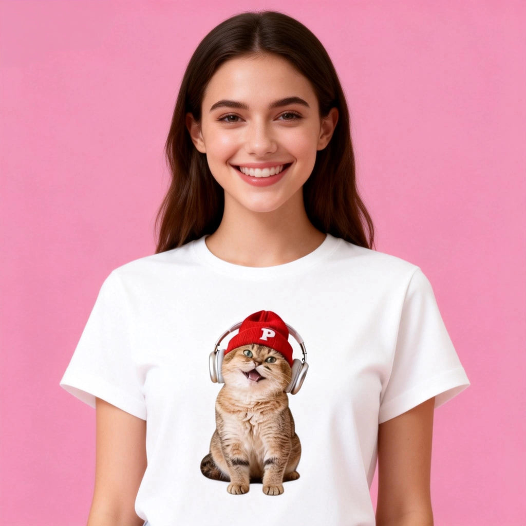 Woman wearing Sunny Brand music cat t-shirt, casual street style with cat headphone graphic