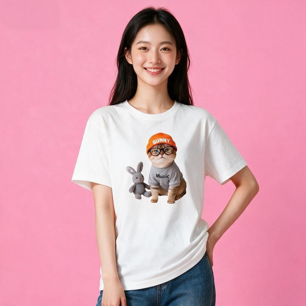Woman wearing Sunny Brand music cat t-shirt, cool street-style cat graphic casual wear