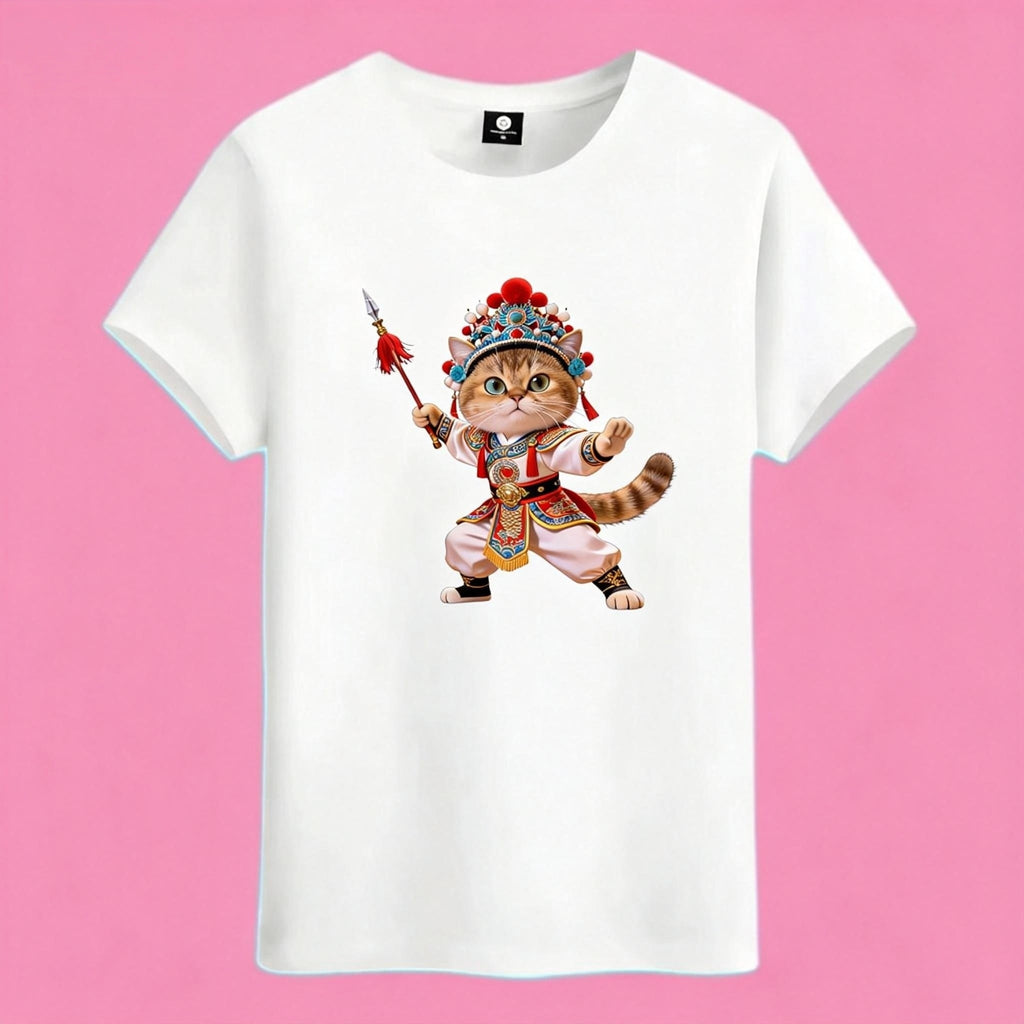 Sunny Brand opera cat t-shirt, front view of cat in Chinese opera costume printed on heavy cotton tee