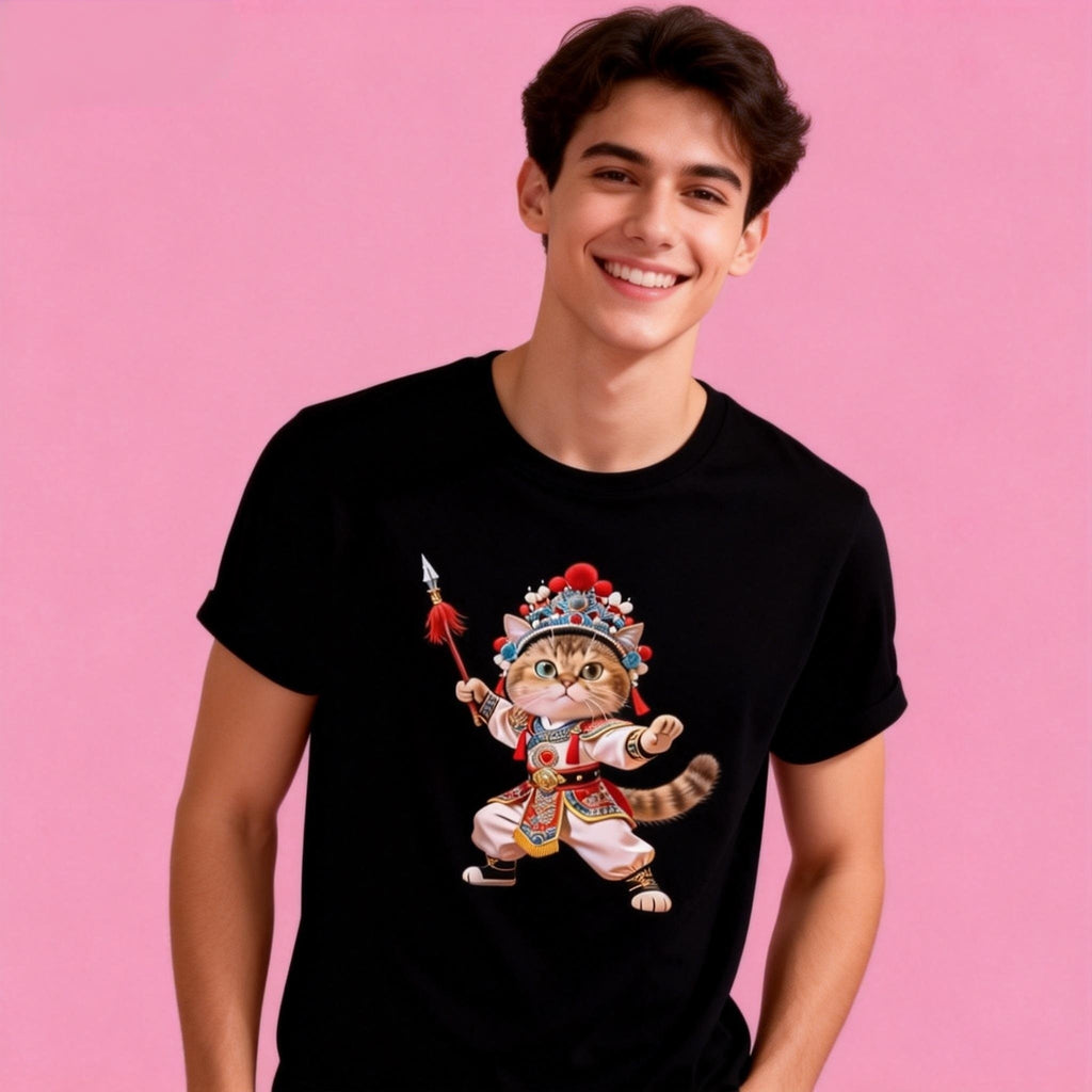 Man wearing Sunny Brand opera cat t-shirt, unisex heavy cotton tee with Chinese opera cat graphic