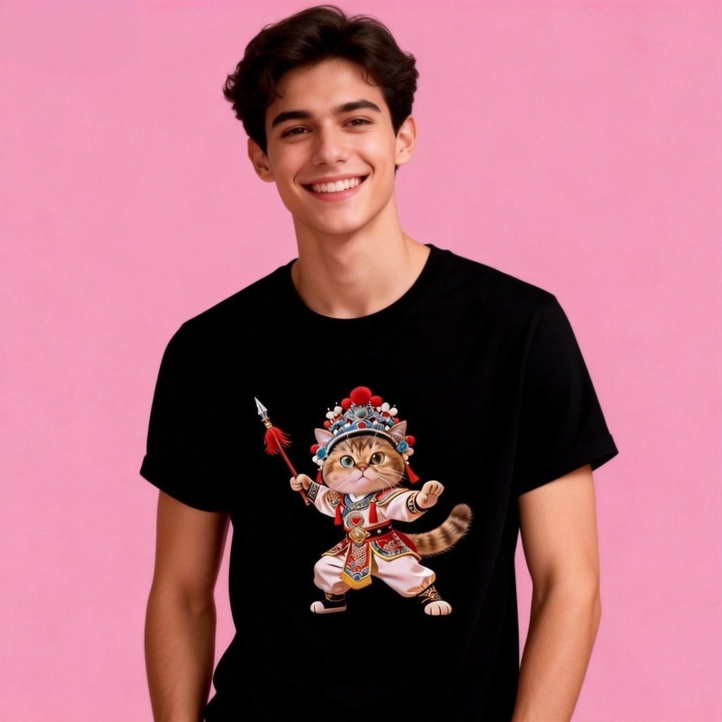 Male model in Sunny Brand Chinese opera cat t-shirt, vibrant opera cat design for casual wear