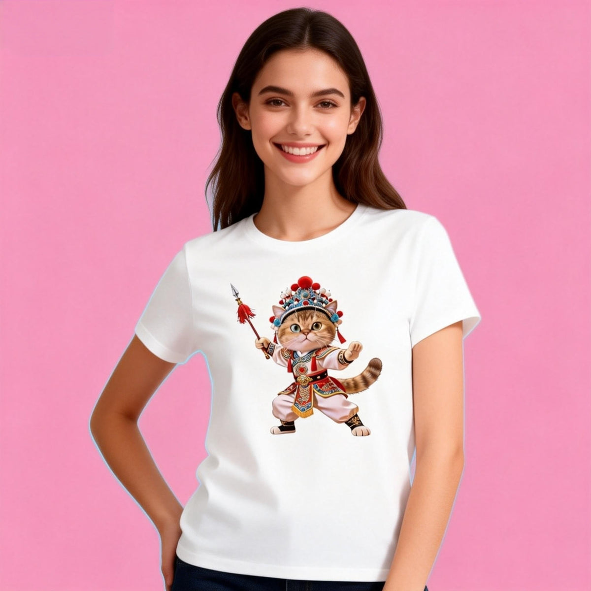 Woman wearing Sunny Brand opera cat t-shirt, elegant outfit with Chinese opera cat graphic
