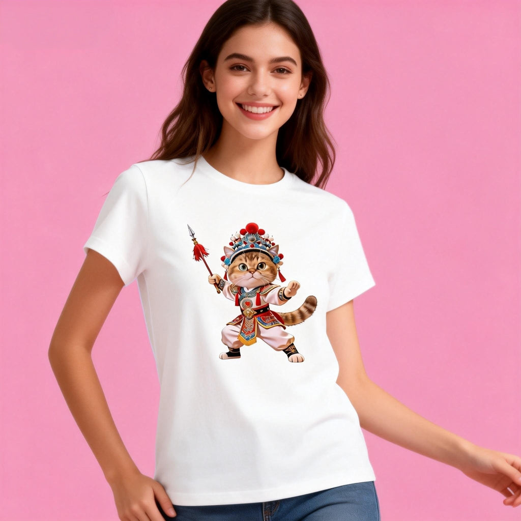 Female model in Sunny Brand Chinese opera cat t-shirt, vibrant opera cat design for casual wear