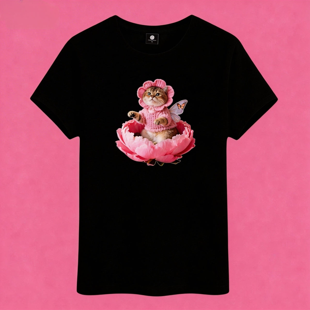 Sunny Brand t-shirt detail, close-up of whimsical fairy cat with pink peony flower graphic