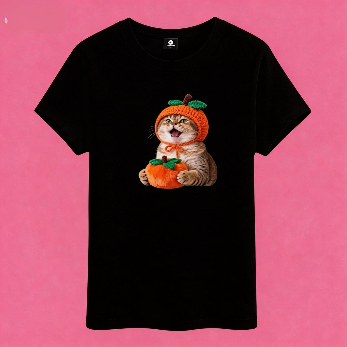 Sunny Brand t-shirt detail, close-up of cheerful persimmon cat graphic