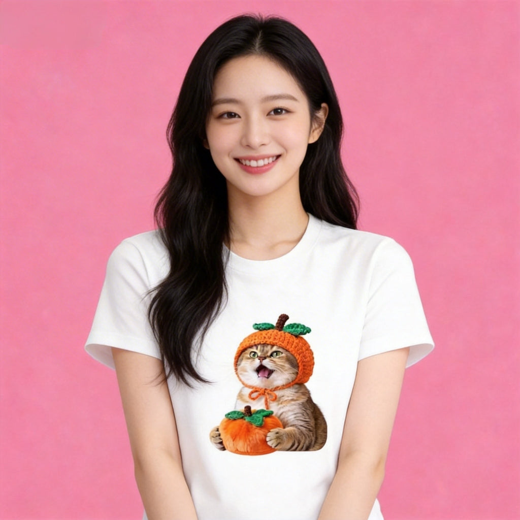 Sunny Brand persimmon cat t-shirt, front view of cute kitten in persimmon costume printed on cotton tee