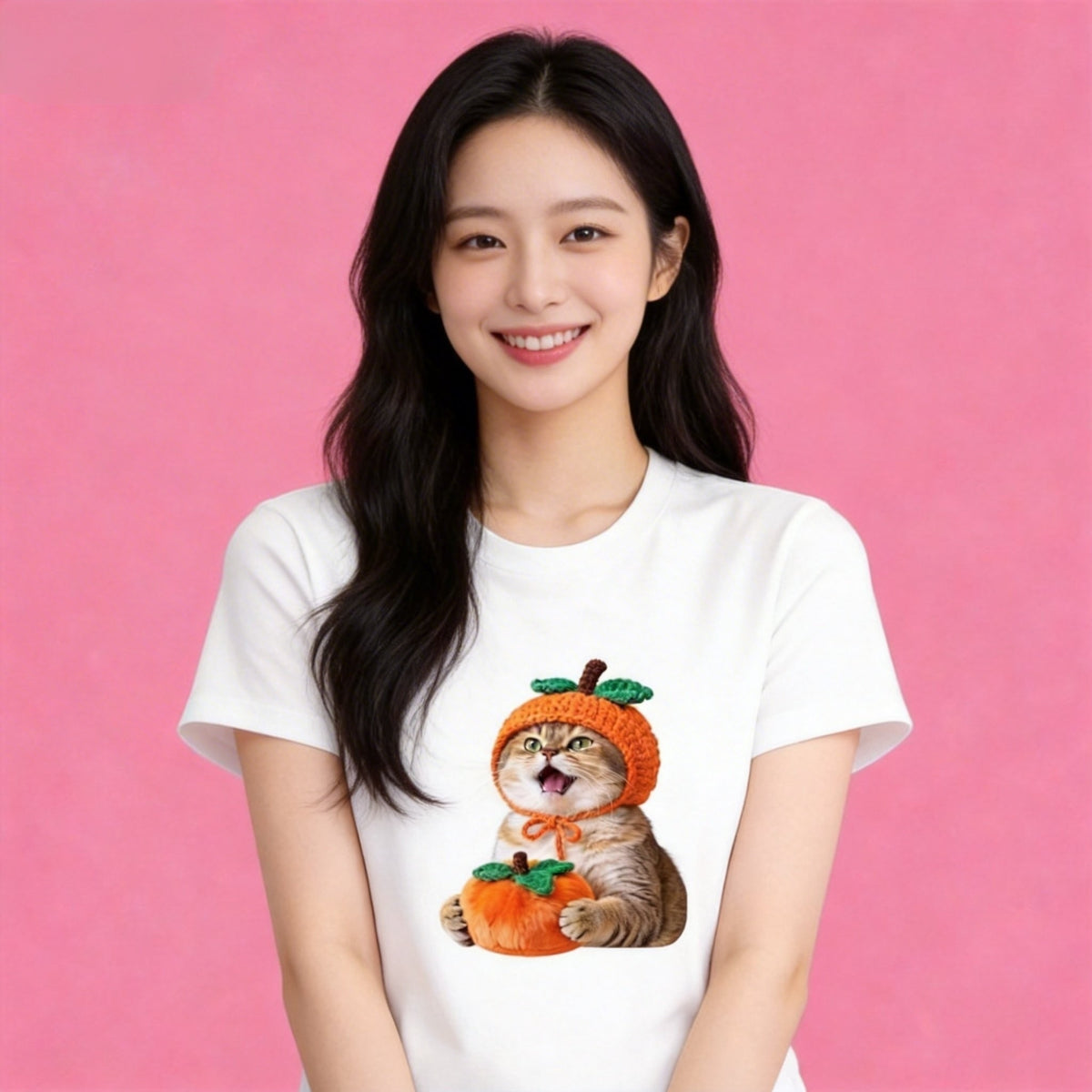 Sunny Brand persimmon cat t-shirt, front view of cute kitten in persimmon costume printed on cotton tee