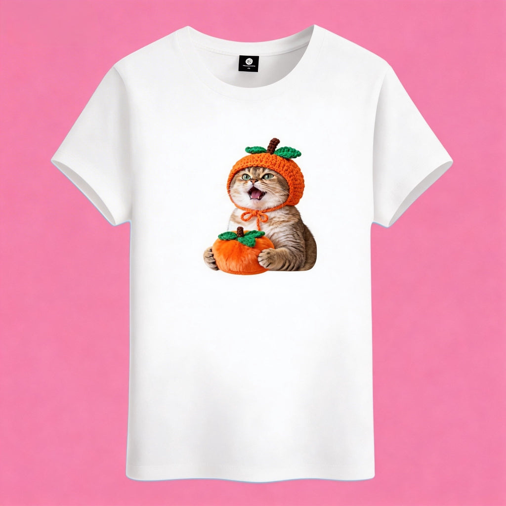 Sunny Brand persimmon cat t-shirt, front view of cute kitten in persimmon costume printed on cotton tee
