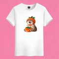 Sunny Brand persimmon cat t-shirt, front view of cute kitten in persimmon costume printed on cotton tee