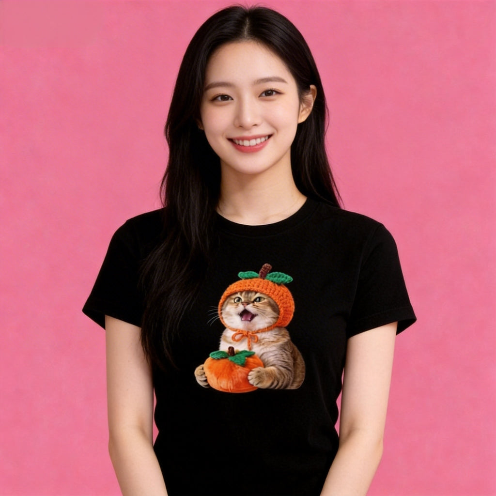 lady wearing Sunny Brand persimmon cat t-shirt, unisex premium cotton cute tee