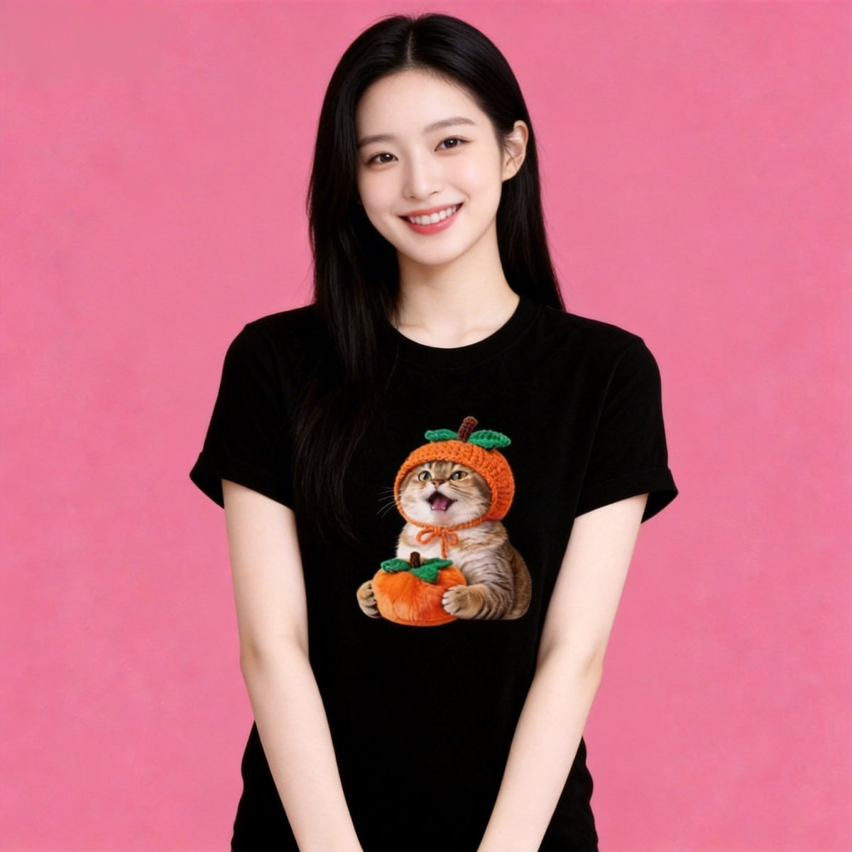 lady model in Sunny Brand cheerful persimmon cat t-shirt, fun casual street wear
