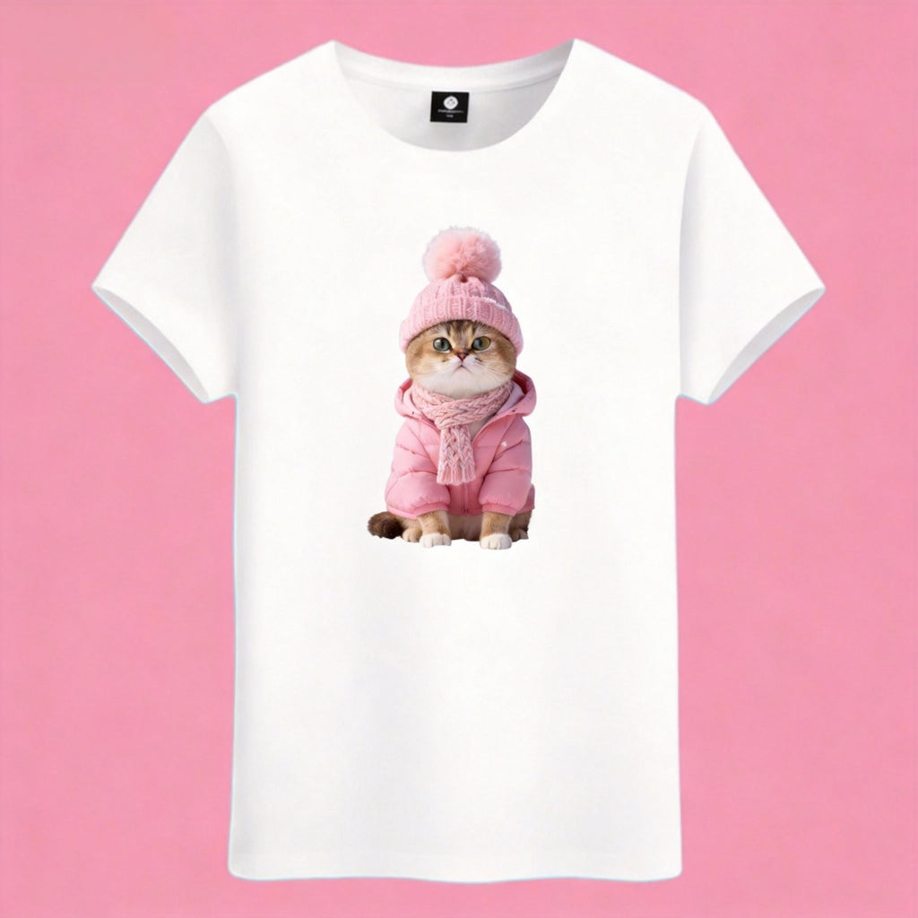 Sunny Brand pink winter cat t-shirt, front view of cat in pink winter outfit printed on premium cotton tee