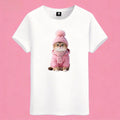 Sunny Brand pink winter cat t-shirt, front view of cat in pink winter outfit printed on premium cotton tee