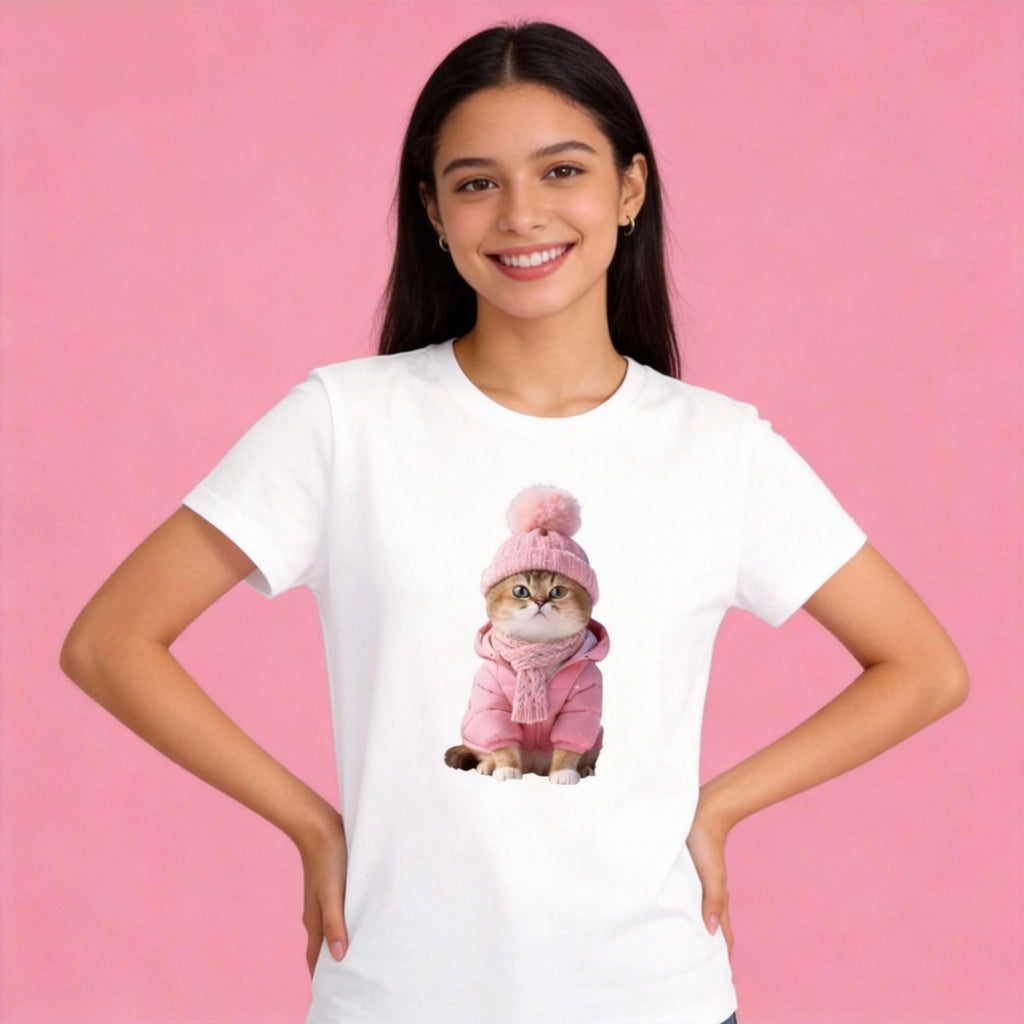 Woman wearing Sunny Brand pink winter cat t-shirt, cozy outfit with sweet pink cat graphic