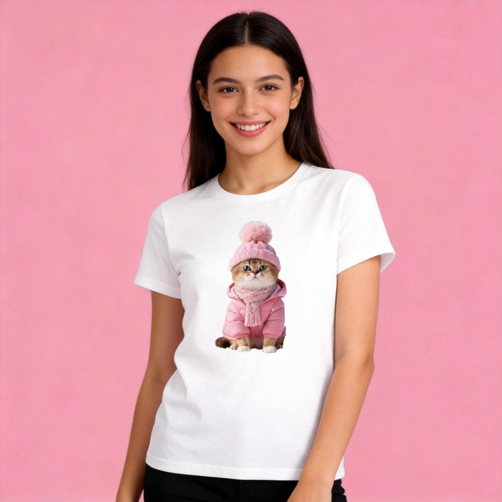Female model in Sunny Brand pink cat t-shirt, cozy pink winter cat design for casual wear
