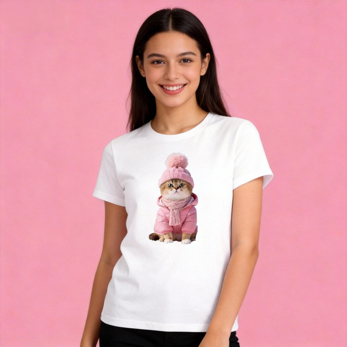 Female model in Sunny Brand pink cat t-shirt, cozy pink winter cat design for casual wear