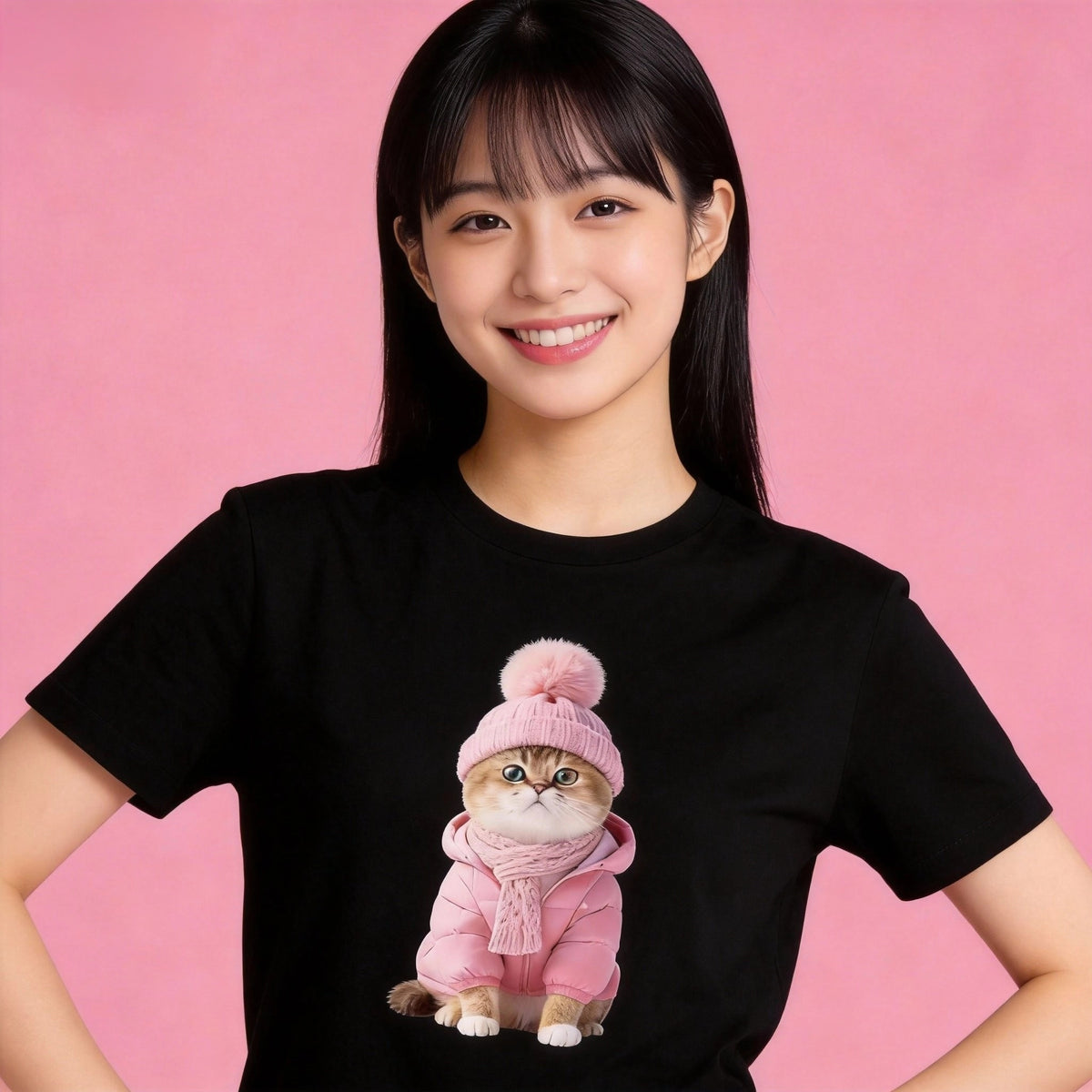Woman wearing Sunny Brand pink winter cat t-shirt, cozy outfit with sweet pink cat graphic black color