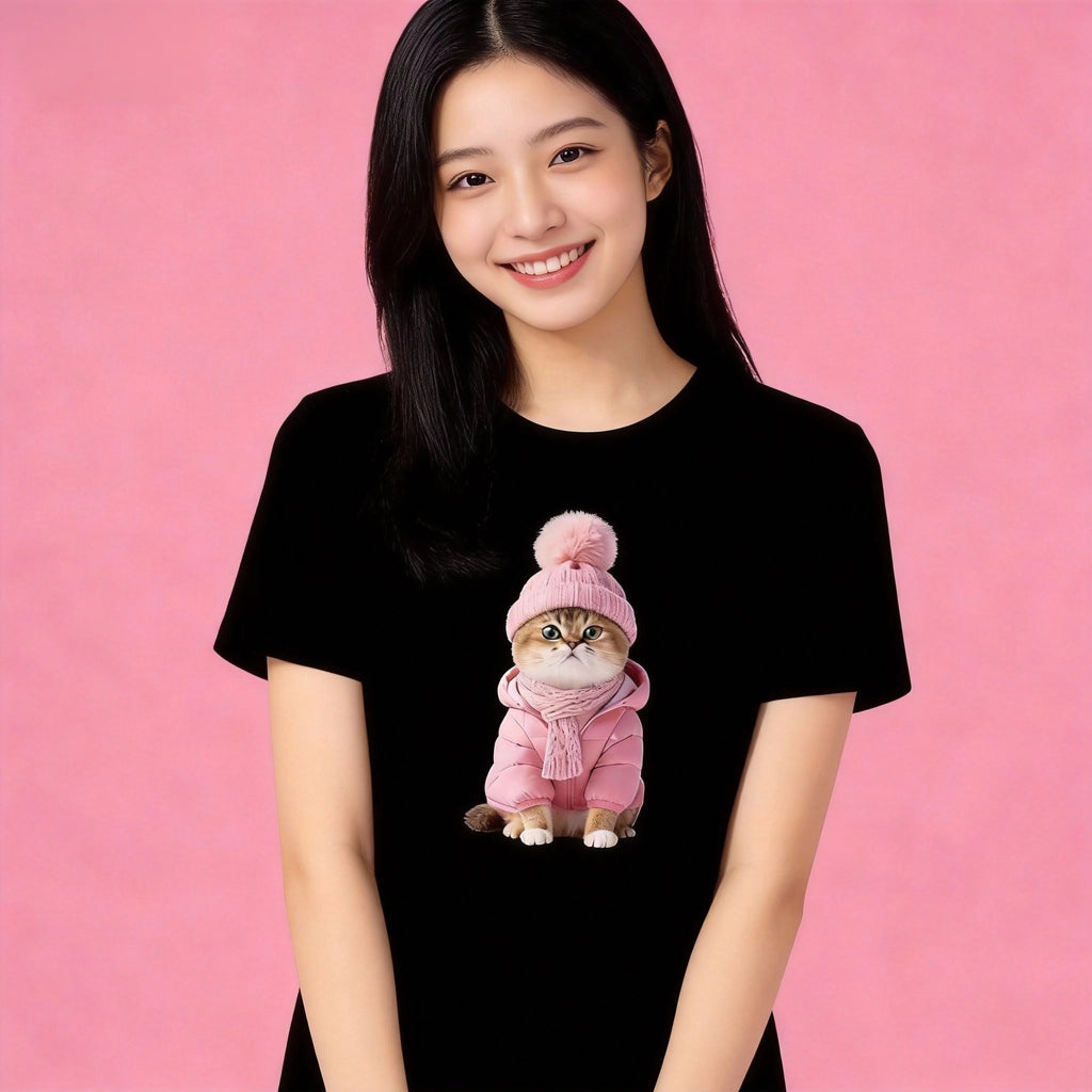 Female model in Sunny Brand pink cat t-shirt, cozy pink winter cat design for casual wear black color
