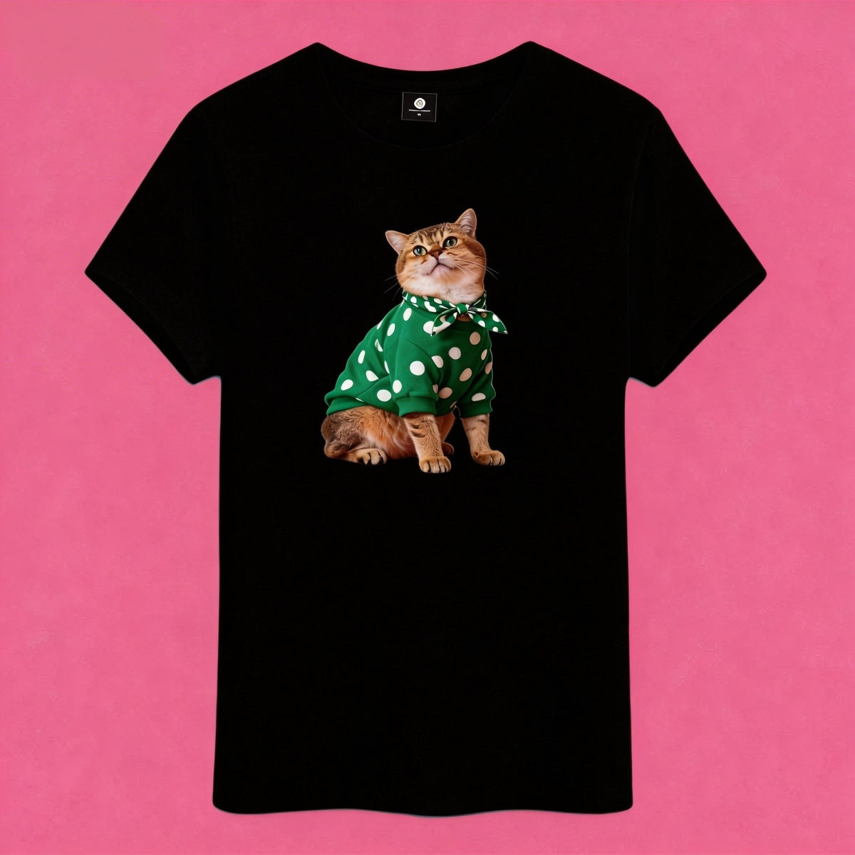 Sunny Brand t-shirt detail, close-up of playful retro polka dot cat graphic