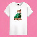 Sunny Brand polka dot cat t-shirt, front view of cute cat in green outfit printed on cotton tee