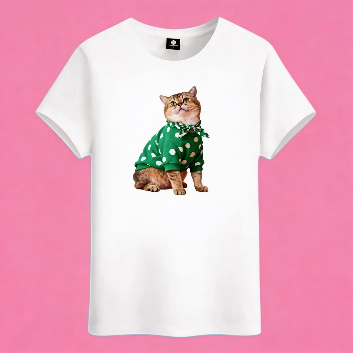 Sunny Brand polka dot cat t-shirt, front view of cute cat in green outfit printed on cotton tee